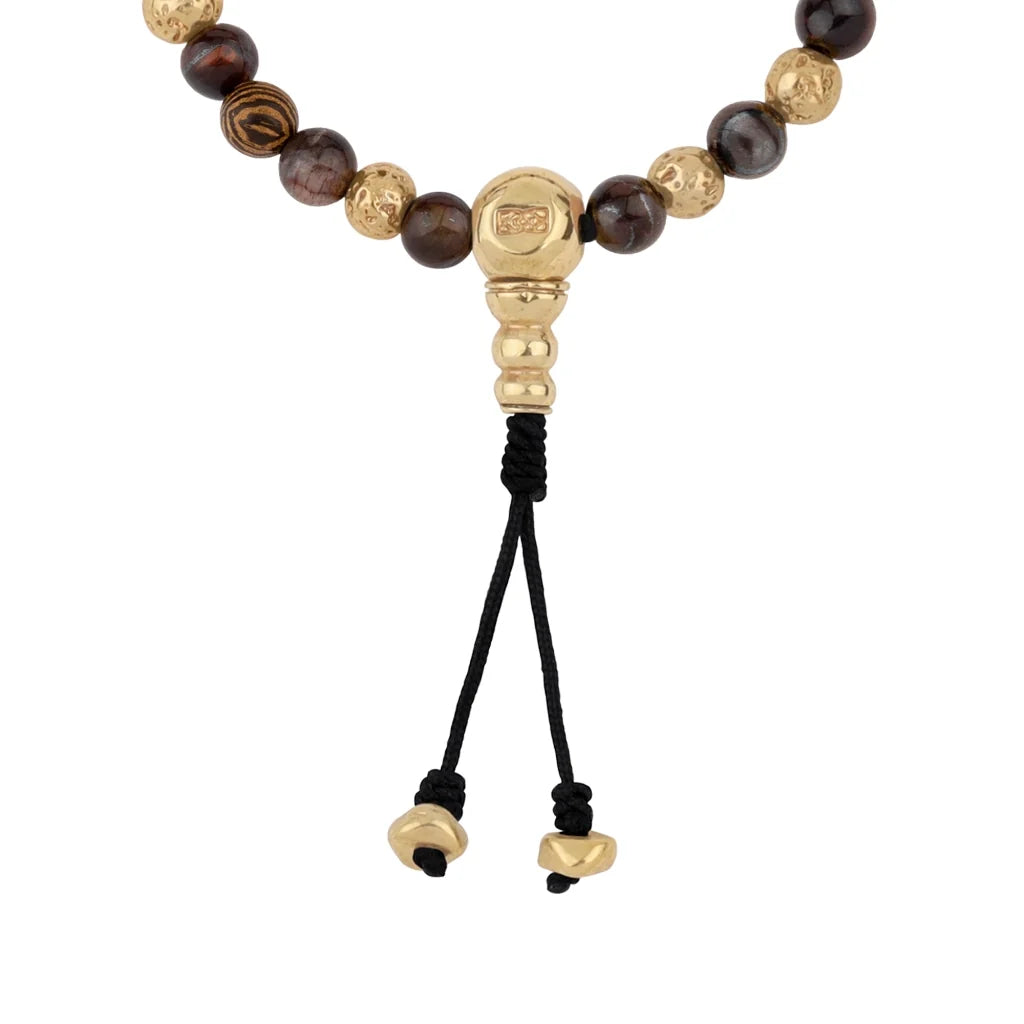 Pulsera con cuentas de madera de ébano de Nepal 8mm, piedra 6mm, con broche ajustable y cuentas volcánicas en baño de oro de 22K - Joyería y bisutería fina