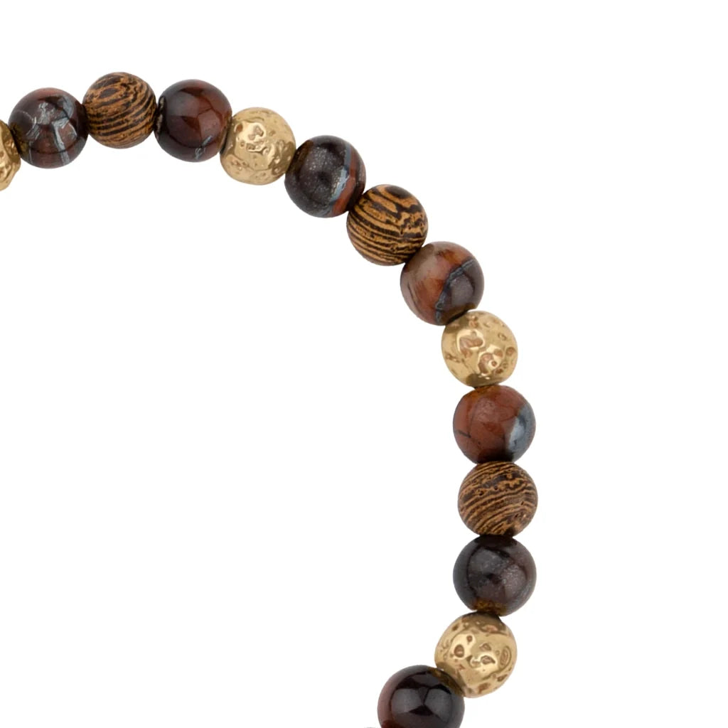 Pulsera con cuentas de madera de ébano de Nepal 8mm, piedra 6mm, con broche ajustable y cuentas volcánicas en baño de oro de 22K - Joyería y bisutería fina