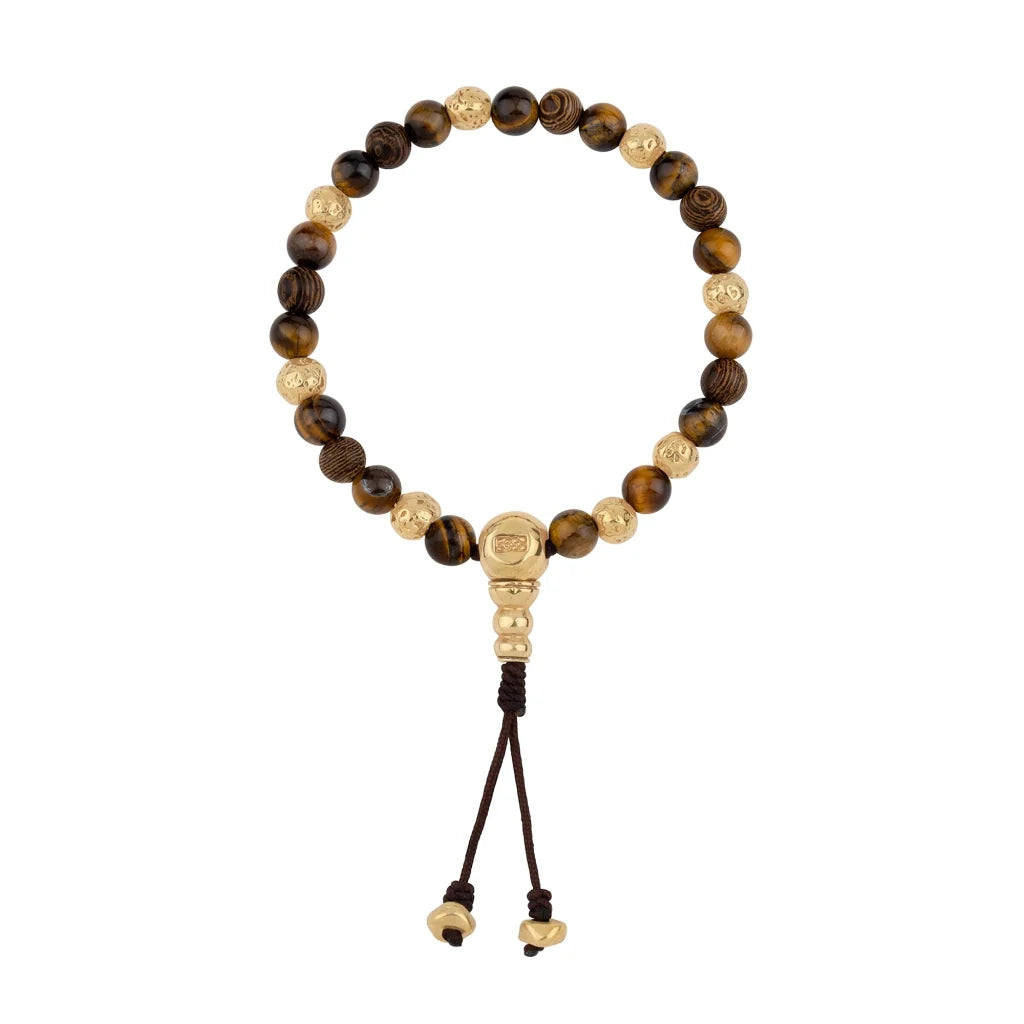 Pulsera con cuentas de madera de ébano de Nepal 8mm, piedra 6mm, con broche ajustable y cuentas volcánicas en baño de oro de 22K - Joyería y bisutería fina