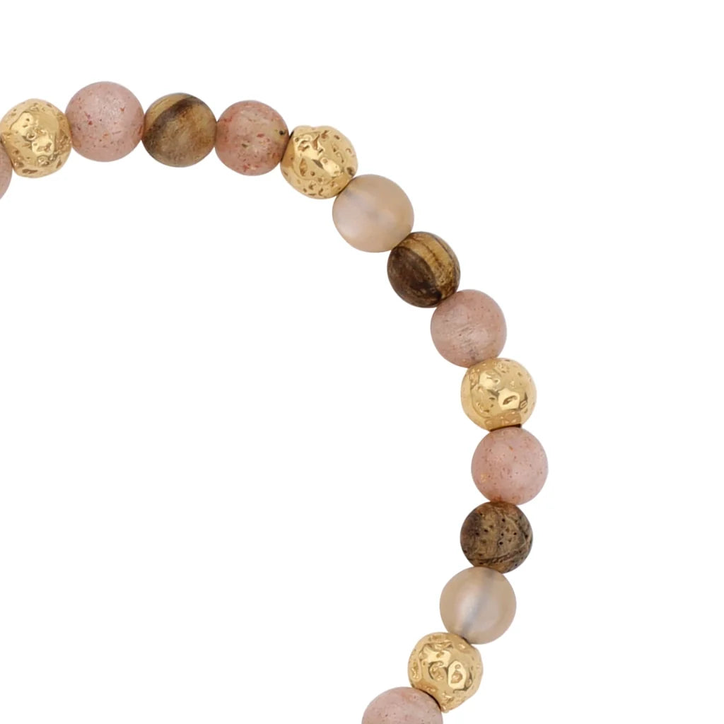Pulsera con cuentas de madera de ébano de Nepal 8mm, piedra 6mm, con broche ajustable y cuentas volcánicas en baño de oro de 22K - Joyería y bisutería fina