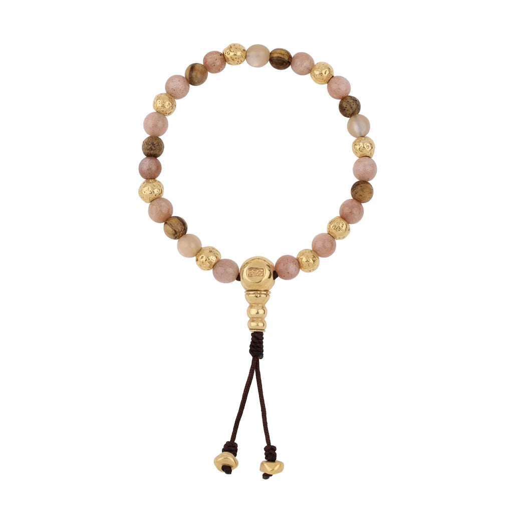 Pulsera con cuentas de madera de ébano de Nepal 8mm, piedra 6mm, con broche ajustable y cuentas volcánicas en baño de oro de 22K - Joyería y bisutería fina