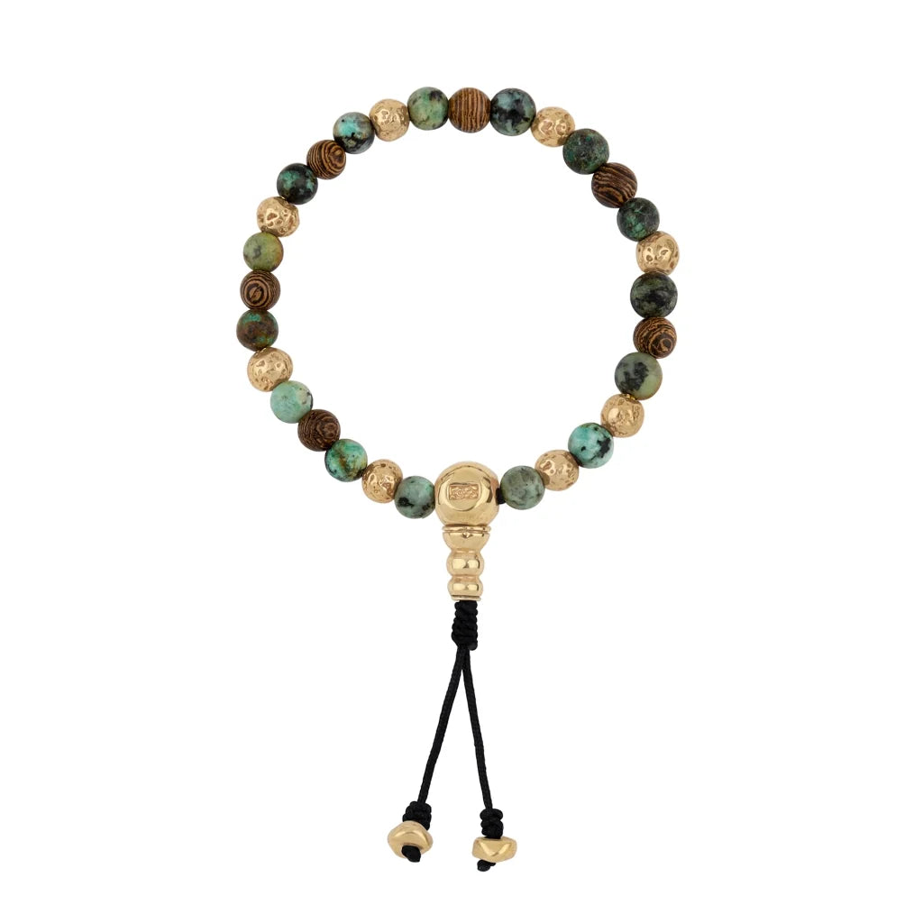 Pulsera con cuentas de madera de ébano de Nepal 8mm, piedra 6mm, con broche ajustable y cuentas volcánicas en baño de oro de 22K - Joyería y bisutería fina