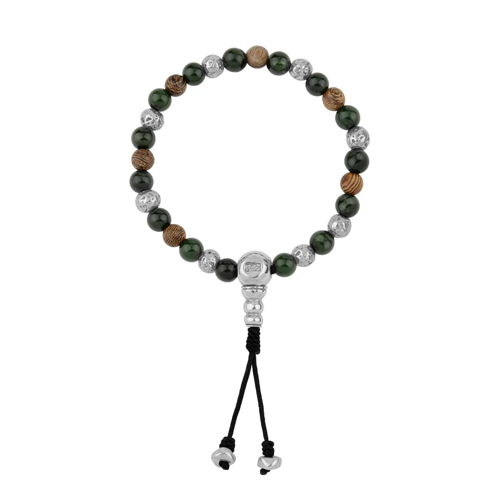 Pulsera con cuentas de madera de ébano de Nepal 8mm, piedra 6mm, con broche ajustable y cuentas volcánicas en baño de plata esterlina .925 - Joyería y bisutería fina