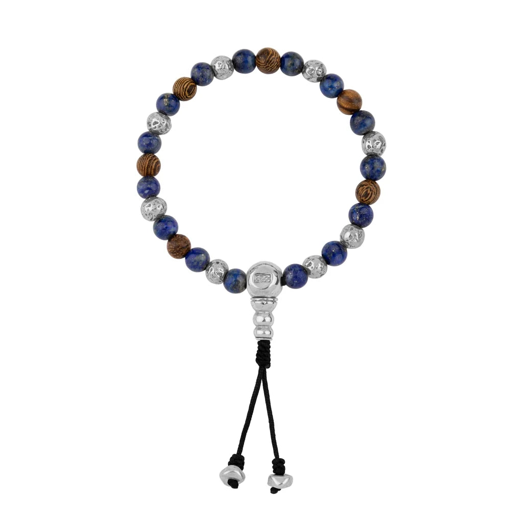 Pulsera con cuentas de madera de ébano de Nepal 8mm, piedra 6mm, con broche ajustable y cuentas volcánicas en baño de plata esterlina .925 - Joyería y bisutería fina