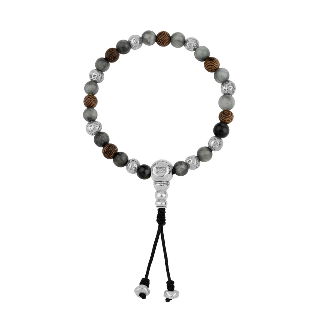 Pulsera con cuentas de madera de ébano de Nepal 8mm, piedra 6mm, con broche ajustable y cuentas volcánicas en baño de plata esterlina .925 - Joyería y bisutería fina