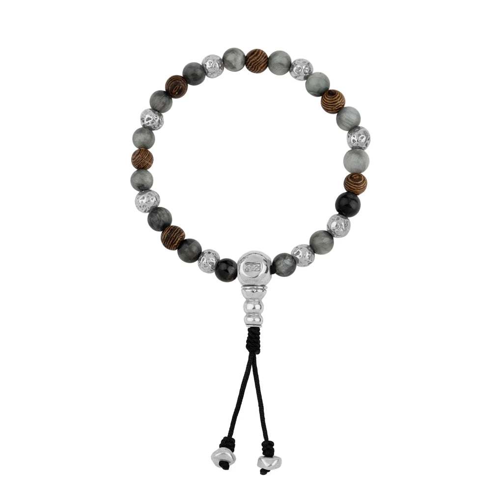 Pulsera con cuentas de madera de ébano de Nepal 8mm, piedra 6mm, con broche ajustable y cuentas volcánicas en baño de plata esterlina .925 - Joyería y bisutería fina