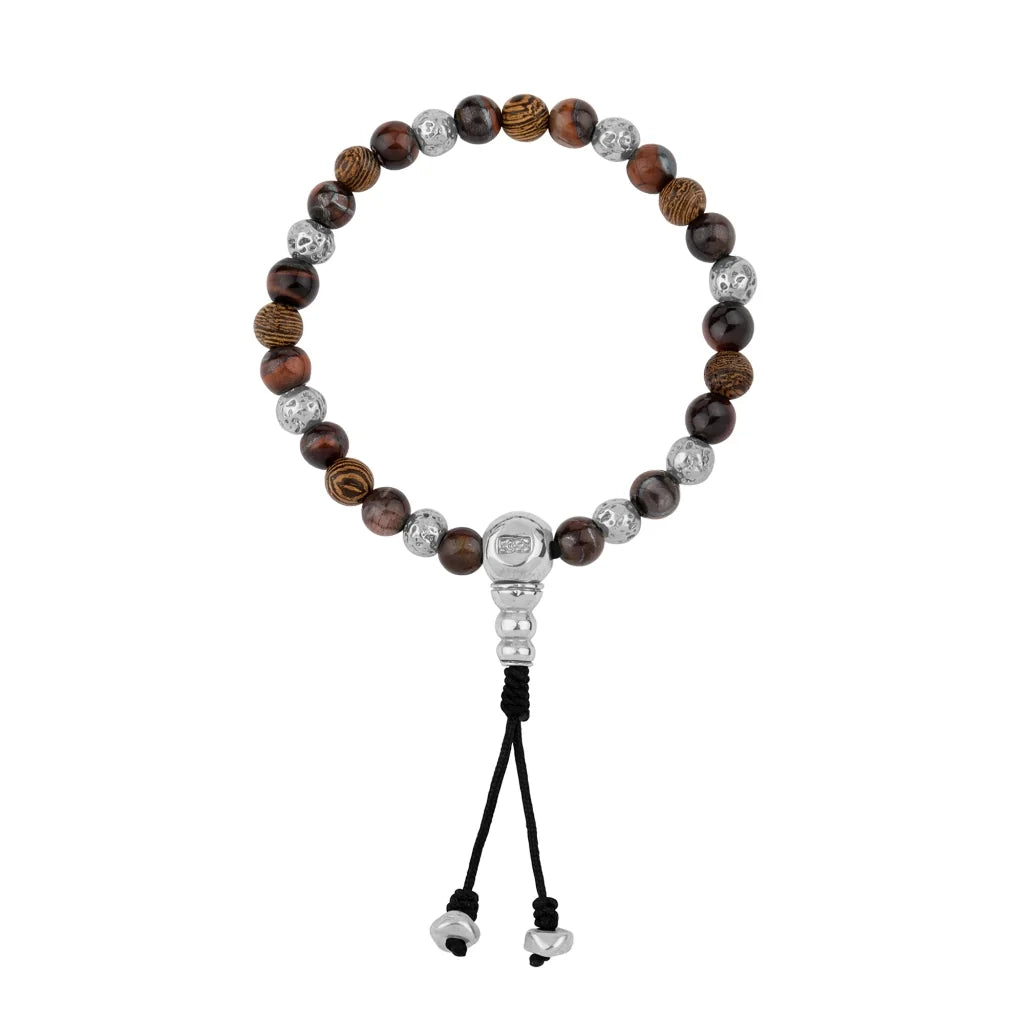 Pulsera con cuentas de madera de ébano de Nepal 8mm, piedra 6mm, con broche ajustable y cuentas volcánicas en baño de plata esterlina .925 - Joyería y bisutería fina