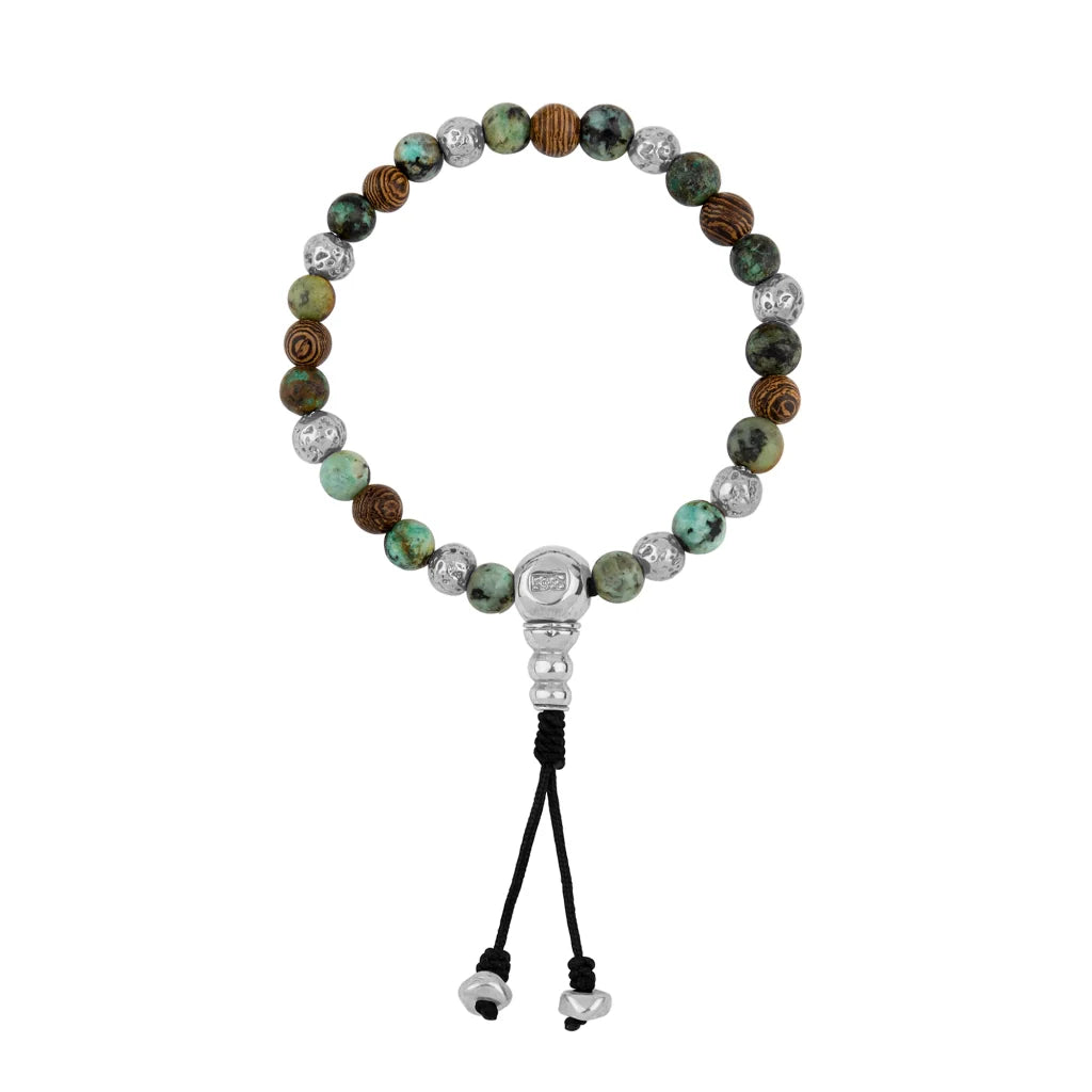 Pulsera con cuentas de madera de ébano de Nepal 8mm, piedra 6mm, con broche ajustable y cuentas volcánicas en baño de plata esterlina .925 - Joyería y bisutería fina