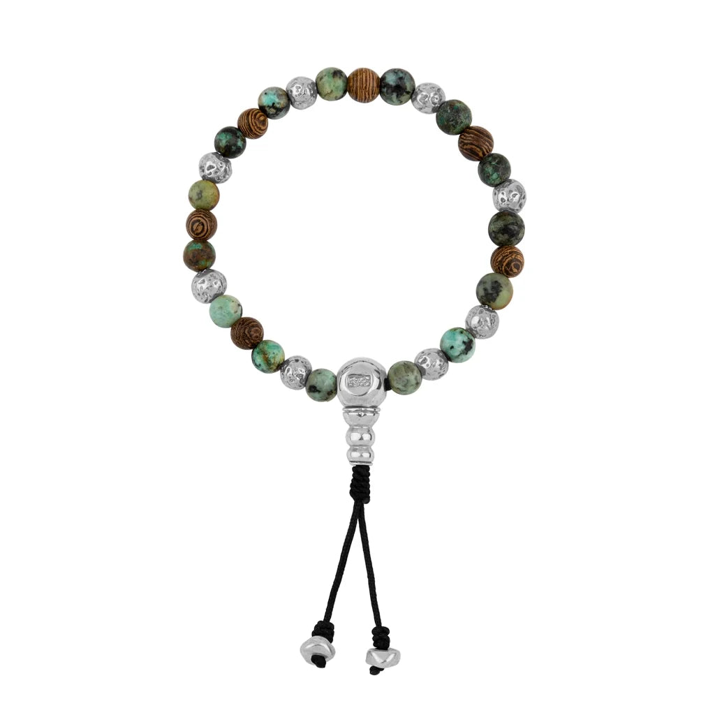 Pulsera con cuentas de madera de ébano de Nepal 8mm, piedra 6mm, con broche ajustable y cuentas volcánicas en baño de plata esterlina .925 - Joyería y bisutería fina