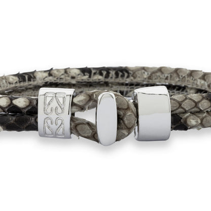 Pulsera en baño de Rodio, Broche de botón, Piel natural de Serpiente, doble vuelta - Joyería y bisutería fina