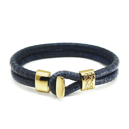 Pulsera en baño de Oro 22K, Broche de botón, Piel natural de Lagarto, doble vuelta - Joyería y bisutería fina