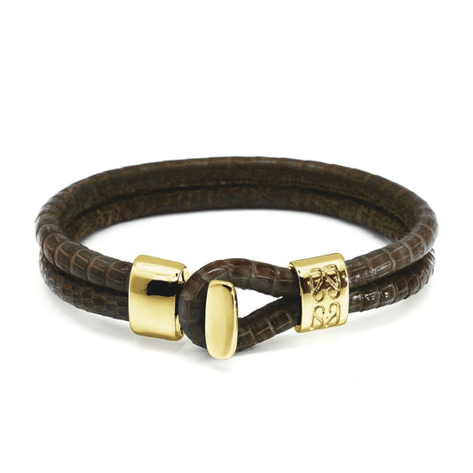 Pulsera en baño de Oro 22K, Broche de botón, Piel natural de Lagarto, doble vuelta - Joyería y bisutería fina