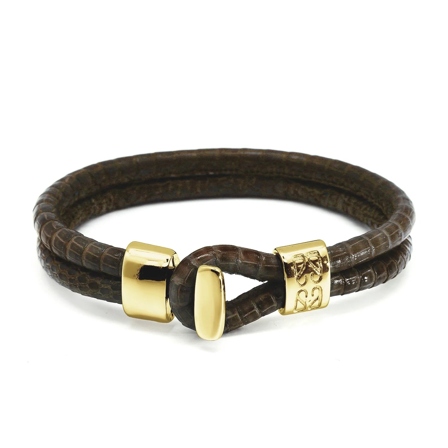 Pulsera en baño de Oro 22K, Broche de botón, Piel natural de Lagarto, doble vuelta - Joyería y bisutería fina