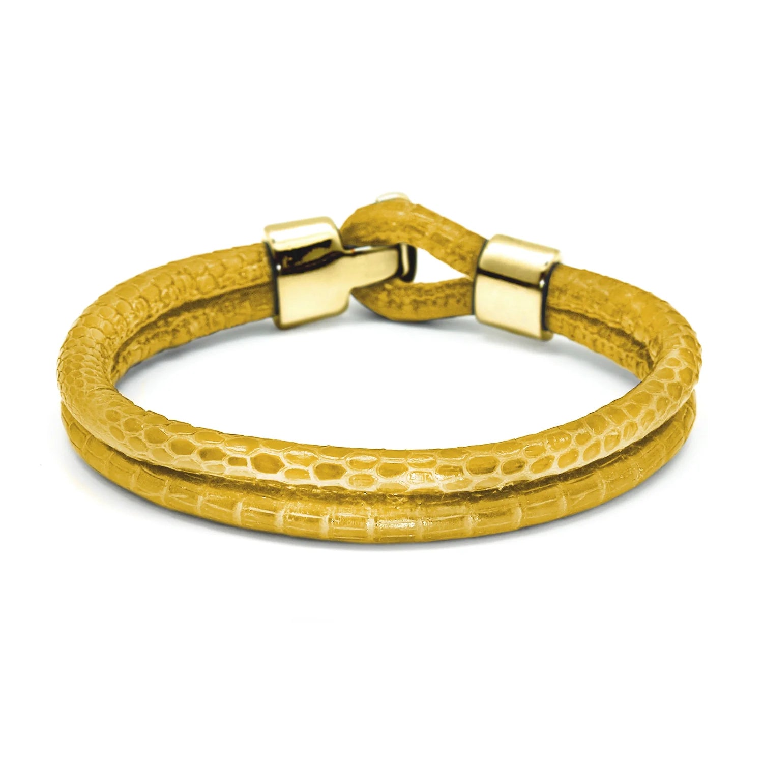 Pulsera en baño de Oro 22K, Broche de botón, Piel natural de Lagarto, doble vuelta - Joyería y bisutería fina