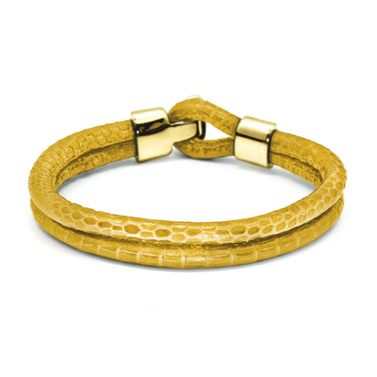 Pulsera en baño de Oro 22K, Broche de botón, Piel natural de Lagarto, doble vuelta - Joyería y bisutería fina