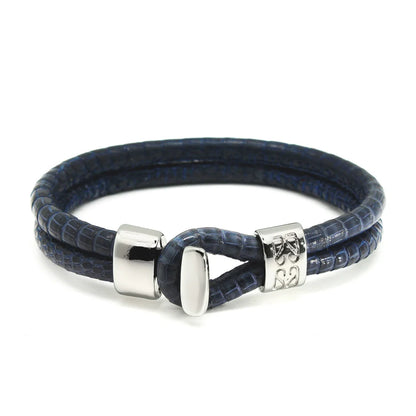 Pulsera en baño de Rodio, Broche de botón, Piel natural de Lagarto, doble vuelta - Joyería y bisutería fina