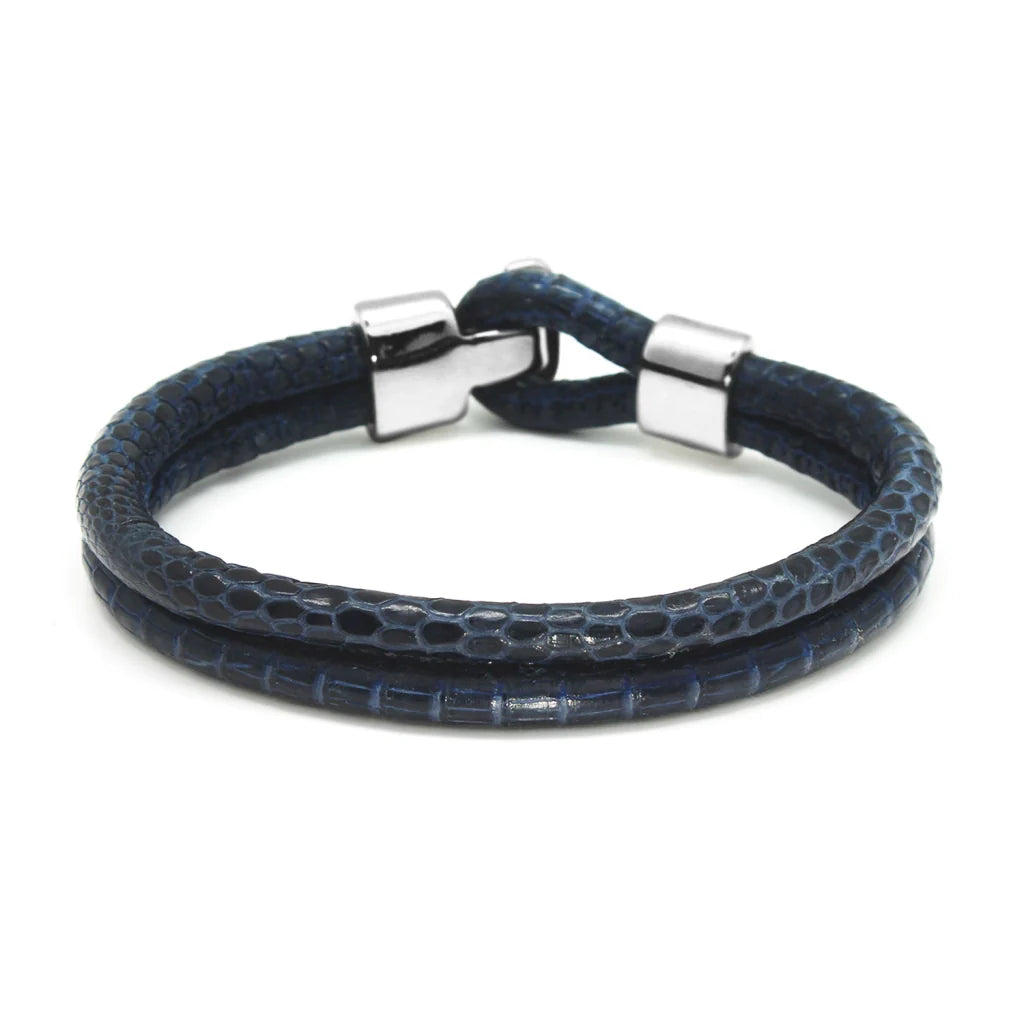 Pulsera en baño de Rodio, Broche de botón, Piel natural de Lagarto, doble vuelta - Joyería y bisutería fina