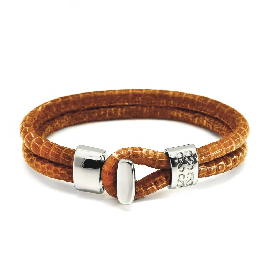 Pulsera en baño de Rodio, Broche de botón, Piel natural de Lagarto, doble vuelta - Joyería y bisutería fina