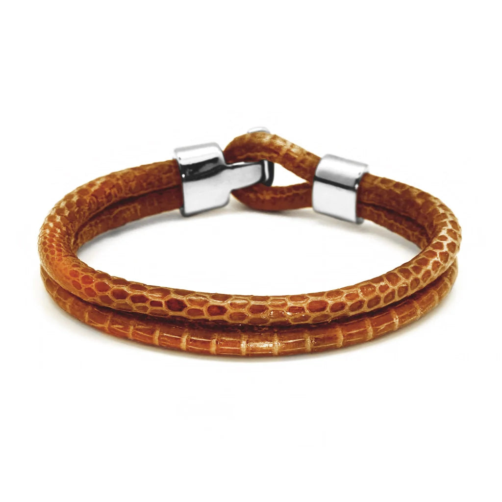 Pulsera en baño de Rodio, Broche de botón, Piel natural de Lagarto, doble vuelta - Joyería y bisutería fina