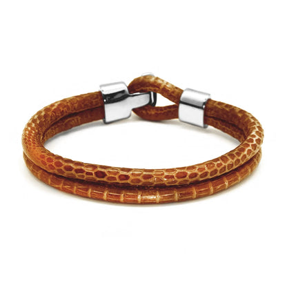 Pulsera en baño de Rodio, Broche de botón, Piel natural de Lagarto, doble vuelta - Joyería y bisutería fina