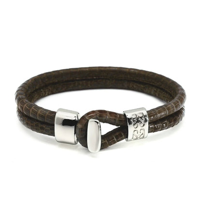 Pulsera en baño de Rodio, Broche de botón, Piel natural de Lagarto, doble vuelta - Joyería y bisutería fina