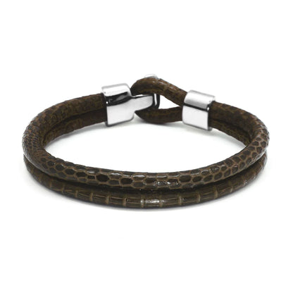 Pulsera en baño de Rodio, Broche de botón, Piel natural de Lagarto, doble vuelta - Joyería y bisutería fina
