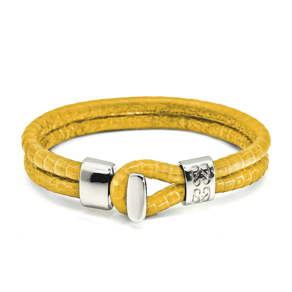 Pulsera en baño de Rodio, Broche de botón, Piel natural de Lagarto, doble vuelta - Joyería y bisutería fina