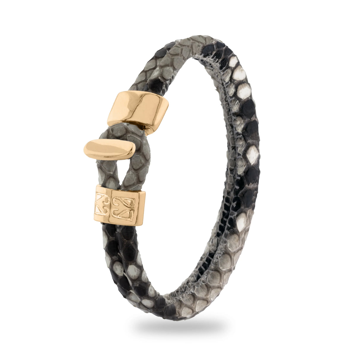 Pulsera en baño de Oro 22K, Broche de botón, Piel natural de Serpiente, doble vuelta - Joyería y bisutería fina