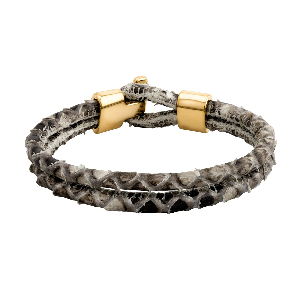 Pulsera en baño de Oro 22K, Broche de botón, Piel natural de Serpiente, doble vuelta - Joyería y bisutería fina