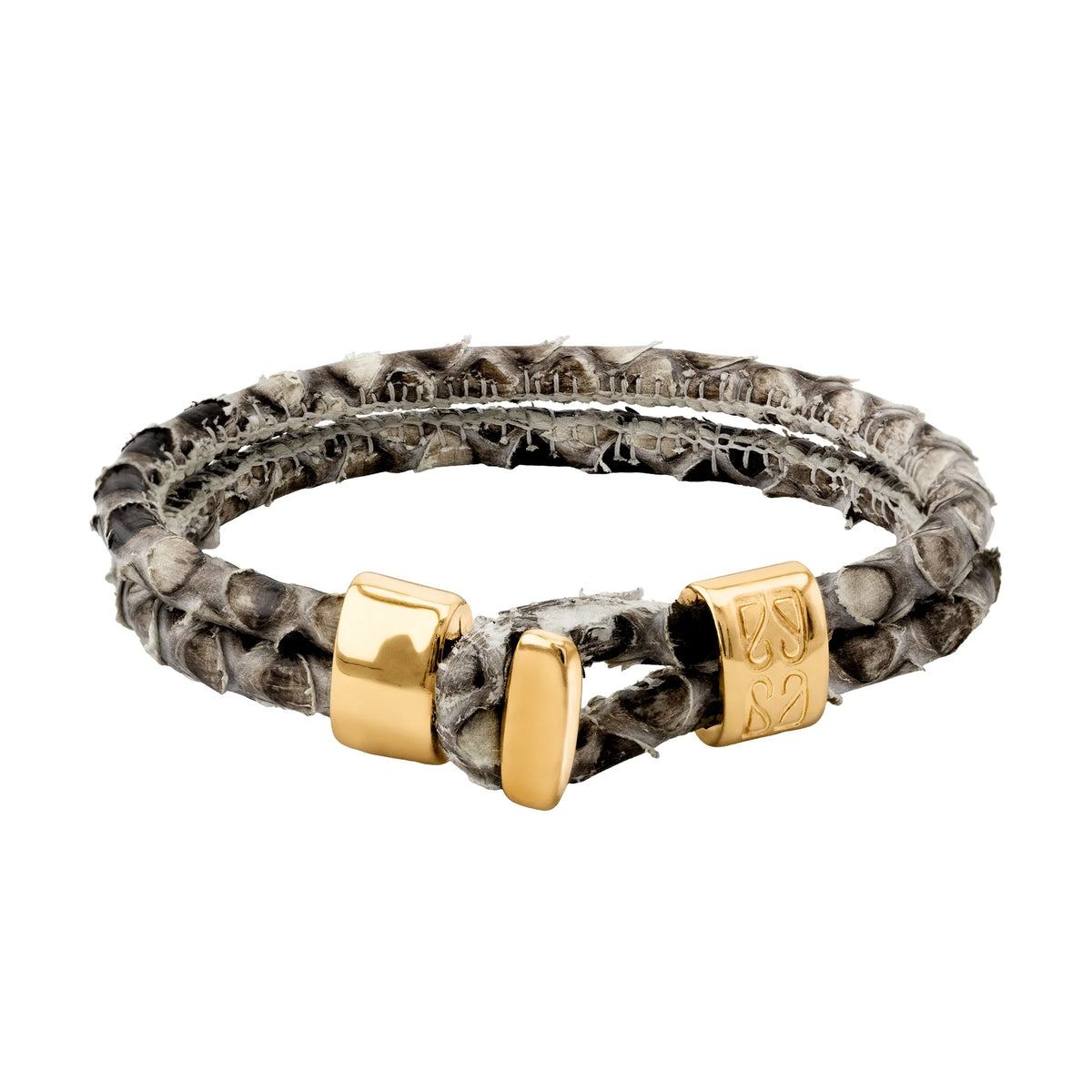 Pulsera en baño de Oro 22K, Broche de botón, Piel natural de Serpiente, doble vuelta - Joyería y bisutería fina