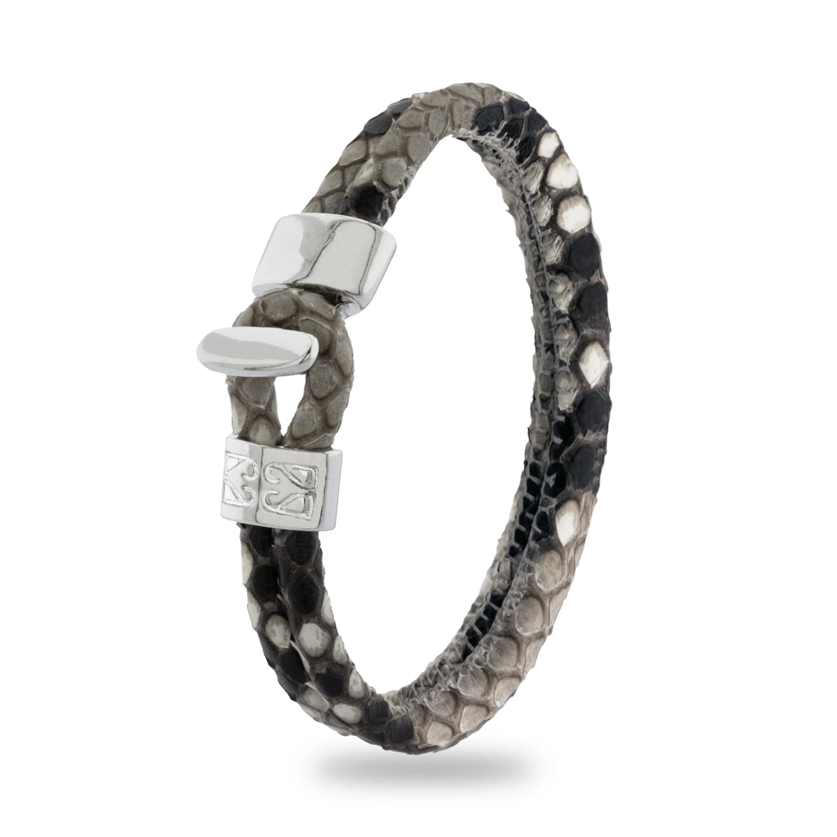 Pulsera en baño de Rodio, Broche de botón, Piel natural de Serpiente, doble vuelta - Joyería y bisutería fina