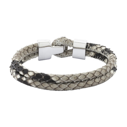 Pulsera en baño de Rodio, Broche de botón, Piel natural de Serpiente, doble vuelta - Joyería y bisutería fina