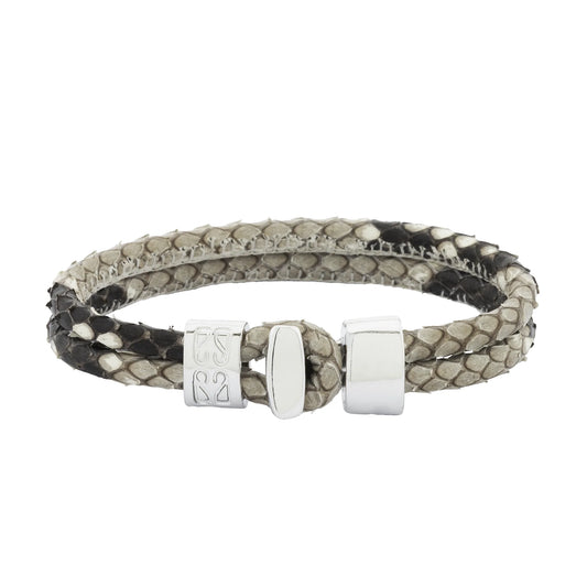 Pulsera en baño de Rodio, Broche de botón, Piel natural de Serpiente, doble vuelta - Joyería y bisutería fina