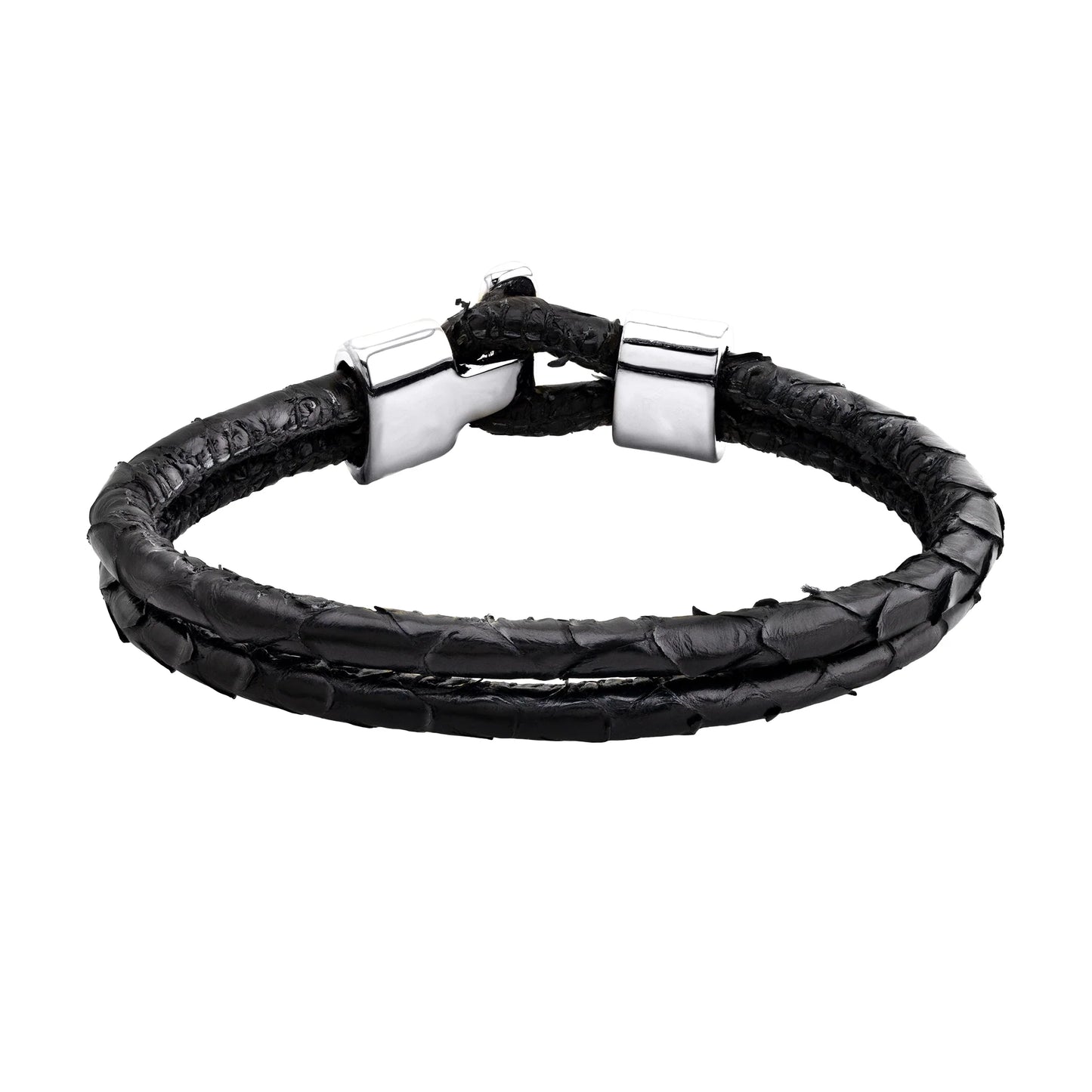 Pulsera en baño de Rodio, Broche de botón, Piel natural de Serpiente, doble vuelta - Joyería y bisutería fina