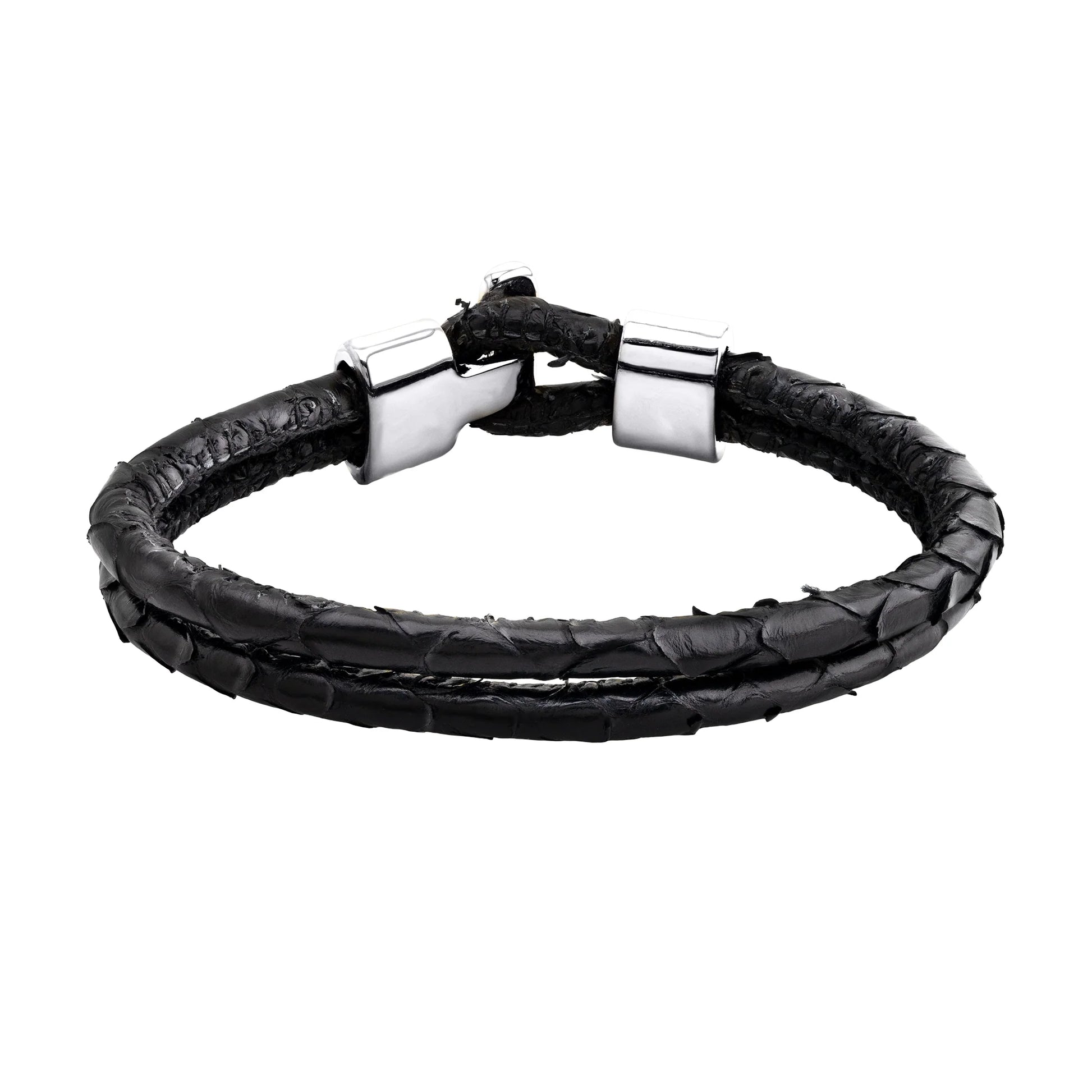 Pulsera en baño de Rodio, Broche de botón, Piel natural de Serpiente, doble vuelta - Joyería y bisutería fina