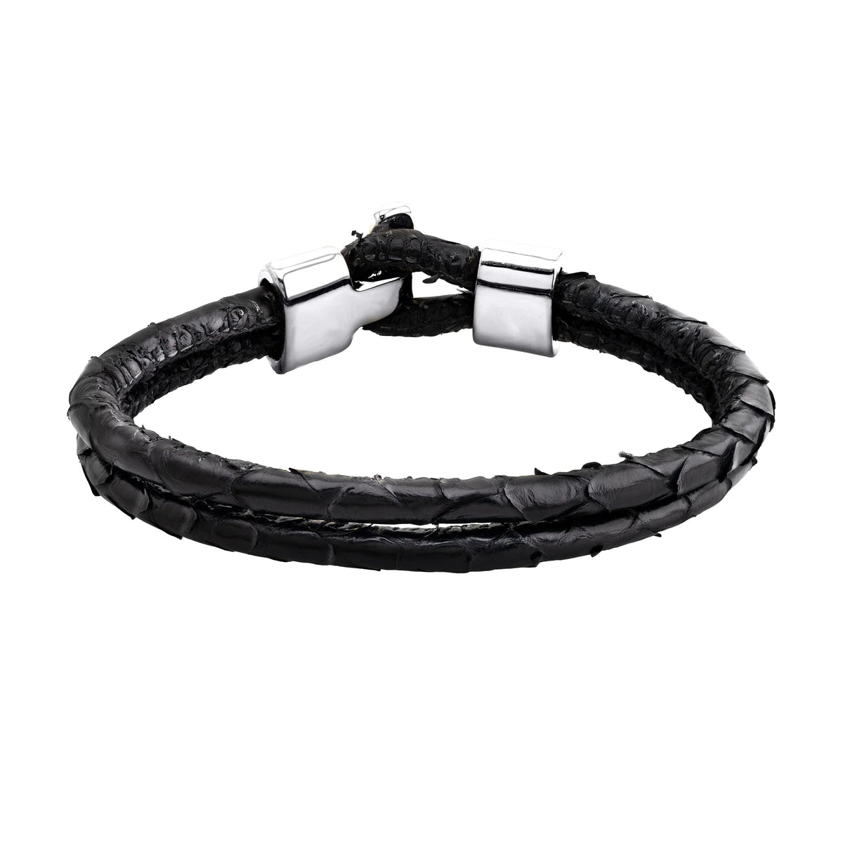 Pulsera en baño de Rodio, Broche de botón, Piel natural de Serpiente, doble vuelta - Joyería y bisutería fina