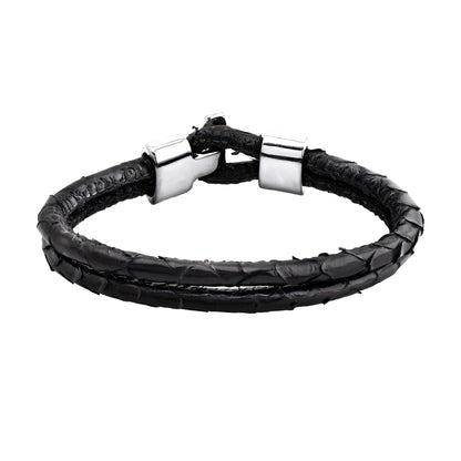 Pulsera en baño de Rodio, Broche de botón, Piel natural de Serpiente, doble vuelta - Joyería y bisutería fina