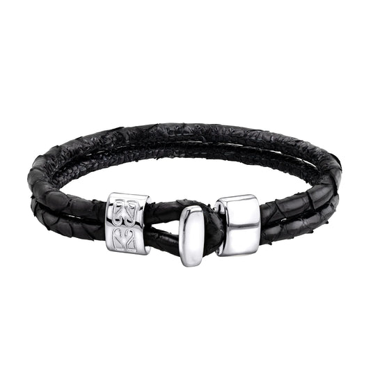 Pulsera en baño de Rodio, Broche de botón, Piel natural de Serpiente, doble vuelta - Joyería y bisutería fina