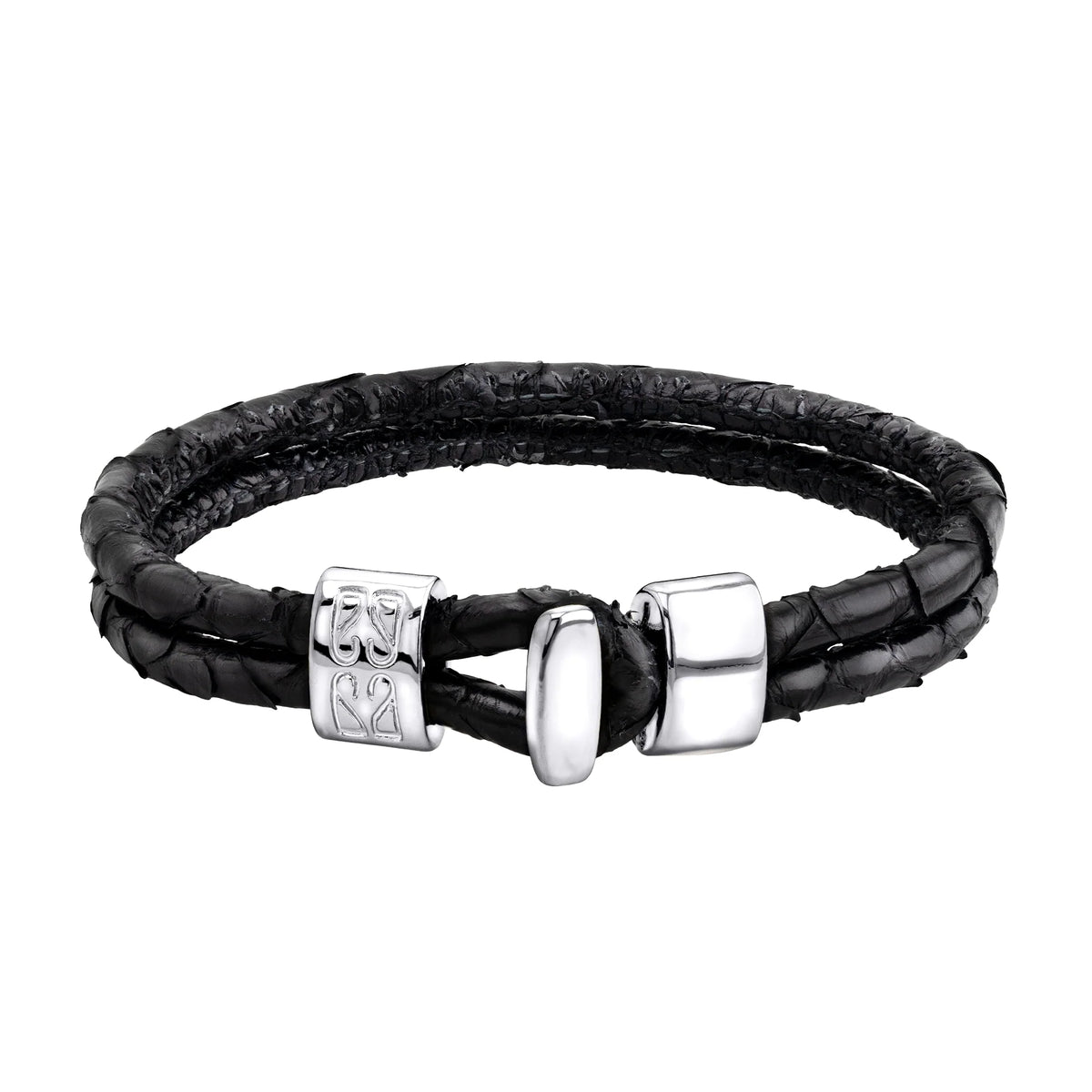 Pulsera en baño de Rodio, Broche de botón, Piel natural de Serpiente, doble vuelta - Joyería y bisutería fina