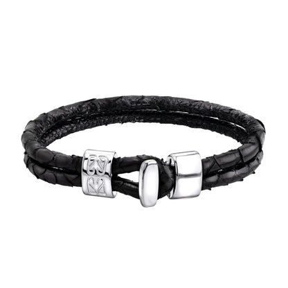Pulsera en baño de Rodio, Broche de botón, Piel natural de Serpiente, doble vuelta - Joyería y bisutería fina