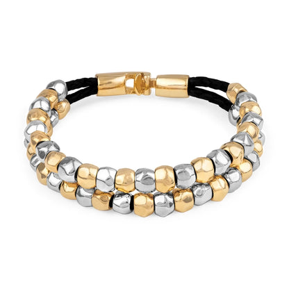 Pulsera de piel natural de borrego trenzada, con broche y cuentas geométricas en baño de rodio y oro de 22K - Joyería y bisutería fina