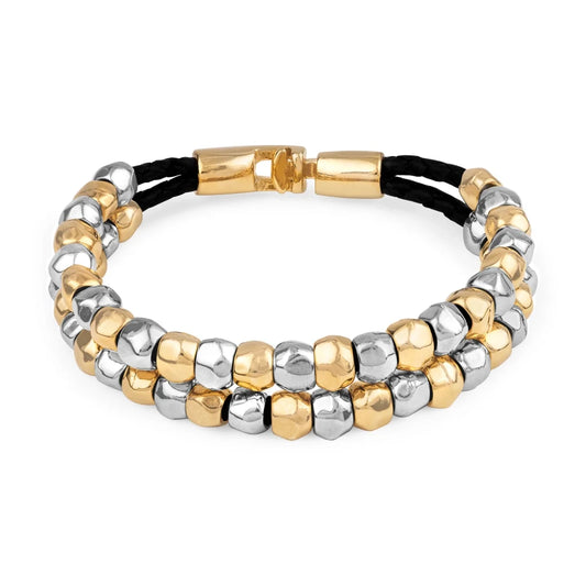Pulsera de piel natural de borrego trenzada, con broche y cuentas geométricas en baño de rodio y oro de 22K - Joyería y bisutería fina