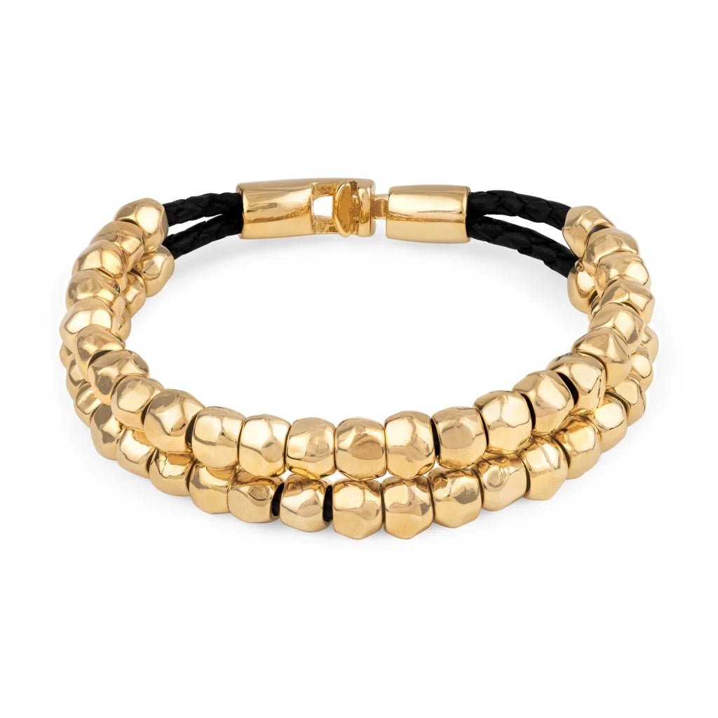 Pulsera de piel natural de borrego trenzada, con broche y cuentas geométricas en baño de oro de 22K - Joyería y bisutería fina