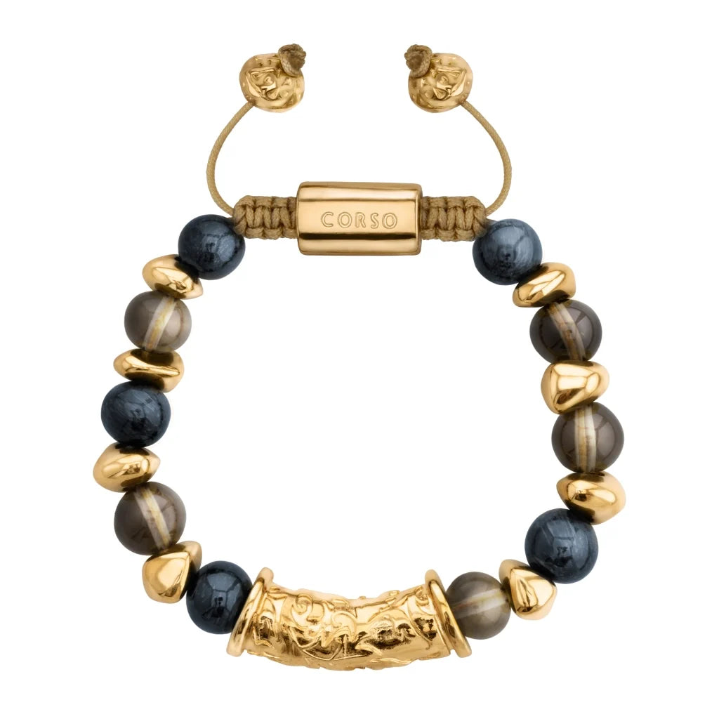 Pulsera ajustable con hilo de seda, piedras de 8mm, con detalle tubular barroco, lunetas e insignia en baño de oro de 22K - Joyería y bisutería fina