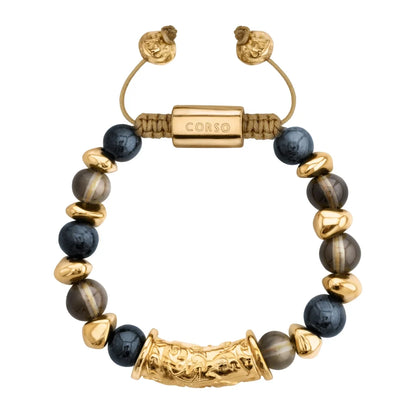 Pulsera ajustable con hilo de seda, piedras de 8mm, con detalle tubular barroco, lunetas e insignia en baño de oro de 22K - Joyería y bisutería fina