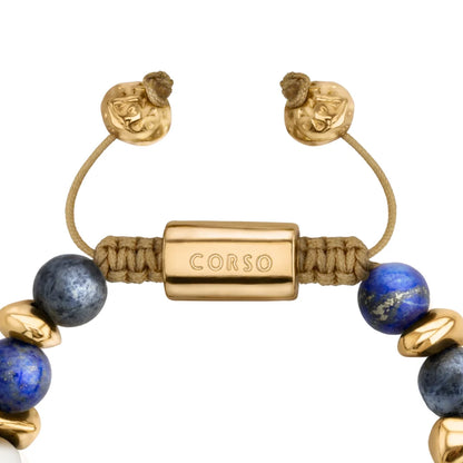 Pulsera ajustable con hilo de seda, piedras de 8mm, con detalle tubular barroco, lunetas e insignia en baño de oro de 22K - Joyería y bisutería fina