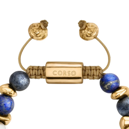 Pulsera ajustable con hilo de seda, piedras de 8mm, con detalle tubular barroco, lunetas e insignia en baño de oro de 22K - Joyería y bisutería fina