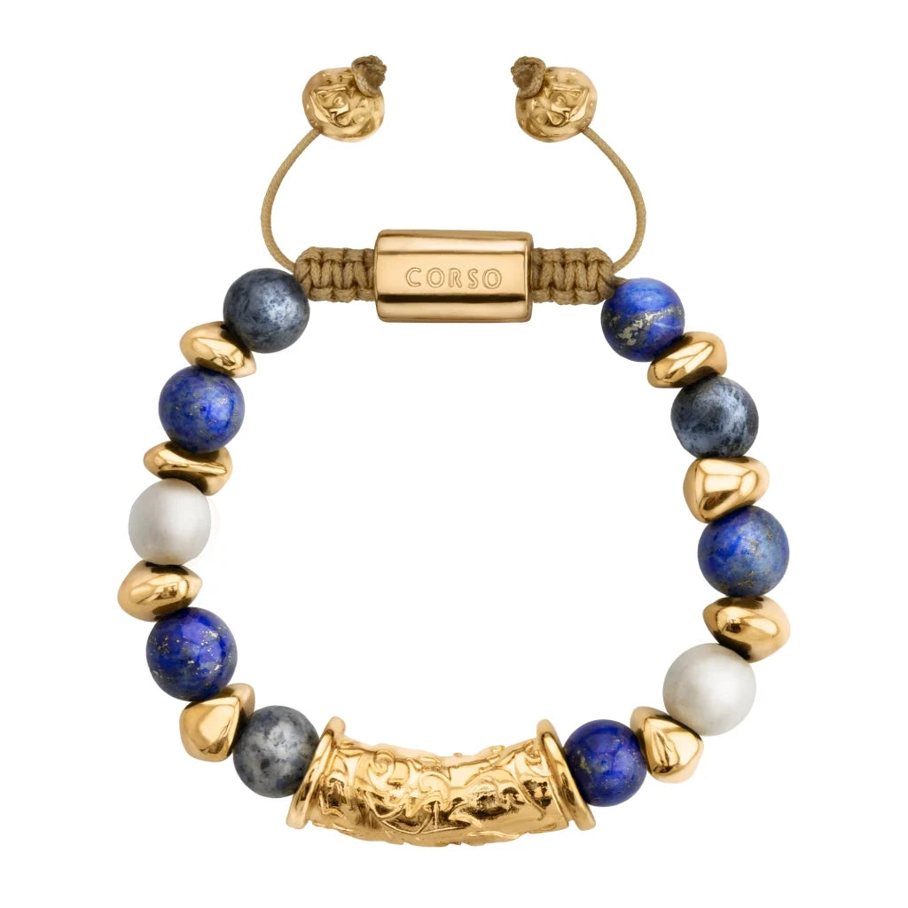 Pulsera ajustable con hilo de seda, piedras de 8mm, con detalle tubular barroco, lunetas e insignia en baño de oro de 22K - Joyería y bisutería fina