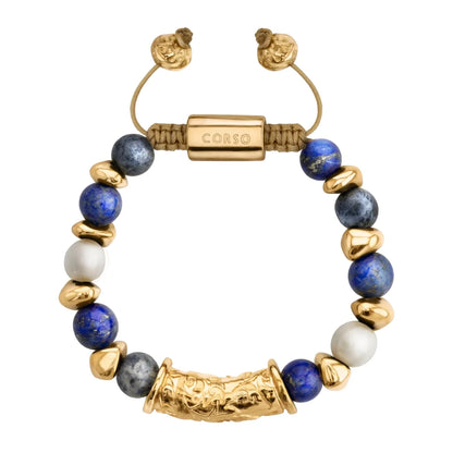 Pulsera ajustable con hilo de seda, piedras de 8mm, con detalle tubular barroco, lunetas e insignia en baño de oro de 22K - Joyería y bisutería fina