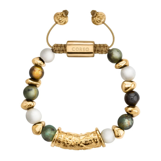 Pulsera ajustable con hilo de seda, piedras de 8mm, con detalle tubular barroco, lunetas e insignia en baño de oro de 22K - Joyería y bisutería fina